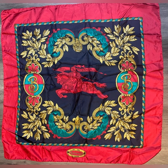 Vintage BURBERRY 100% Silk Scarf red and blues horse - Picture 2 of 7